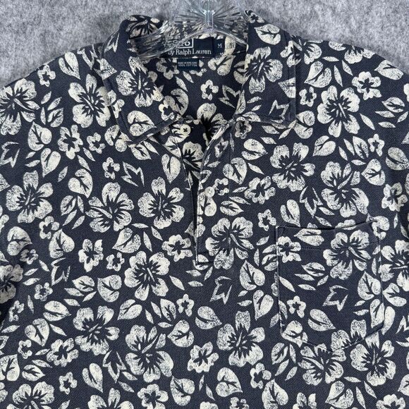 Polo Ralph Lauren Shirt Mens Size Medium Blue Short Sleeve Polo Hawaiian Floral - Picture 1 of 9